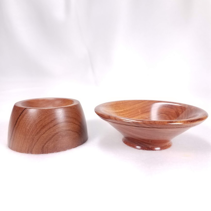 Some bowls work best on flat surfaces (left), whereas others can be used on flat or curved surfaces (like a lap, right)