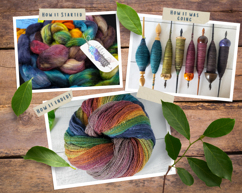 A collage of three different photos showing the major stages of the Tour de Fleece 2023: the original fiber, the fiber spun as singles on eight spindles, and the final finished yarn