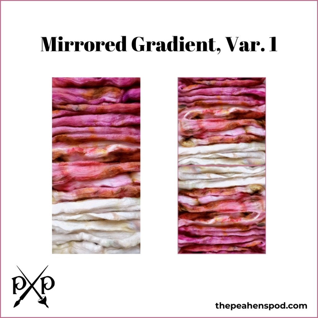 The graphic of the fiber shows a representation of what yarn might look like if the fiber were split in half lengthwise, and then the second half reversed so the colors were mirrored at the center of the braid. In this variation, dark pink is at the start and end, and white is in the center.