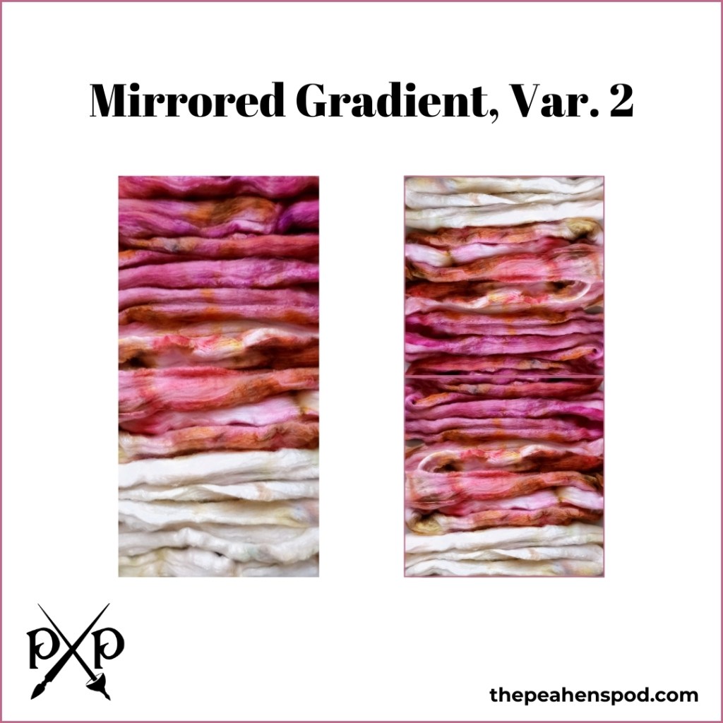 The graphic of the fiber shows a representation of what yarn might look like if the fiber were split in half lengthwise, and then the second half reversed so the colors were mirrored at the center of the braid. In this variation, white is at the start and end, and dark pink is in the center.