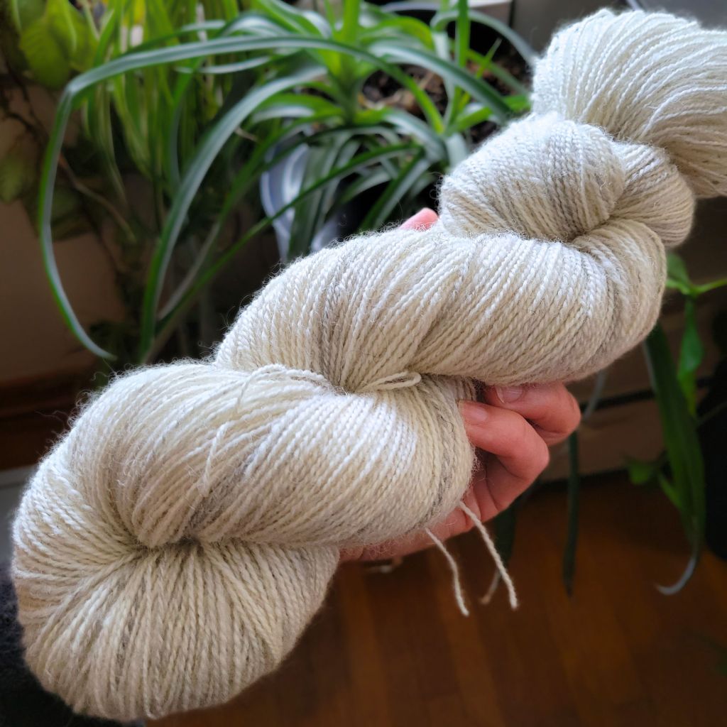A hand holds a finished white skein of handspun yarn